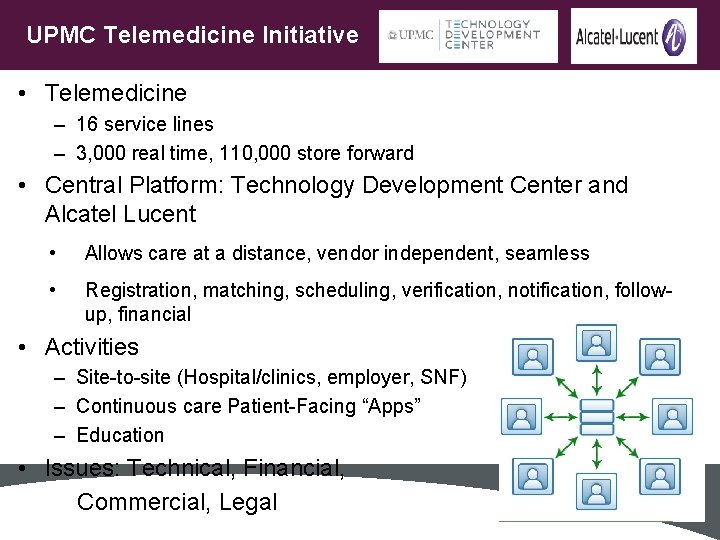 UPMC Telemedicine Initiative • Telemedicine – 16 service lines – 3, 000 real time,