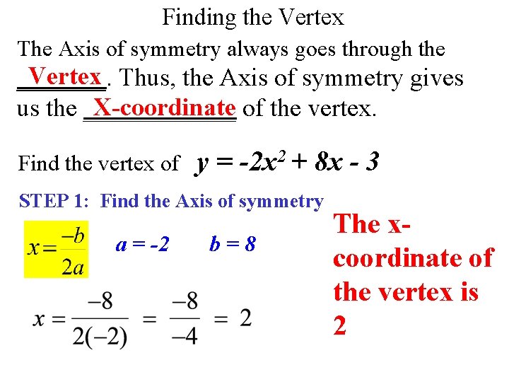 Finding the Vertex The Axis of symmetry always goes through the Vertex Thus, the