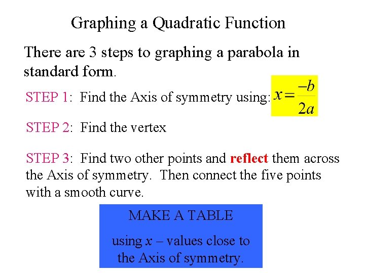 Graphing a Quadratic Function There are 3 steps to graphing a parabola in standard