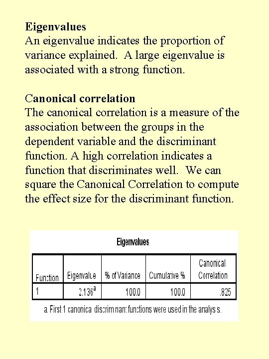 Eigenvalues An eigenvalue indicates the proportion of variance explained. A large eigenvalue is associated