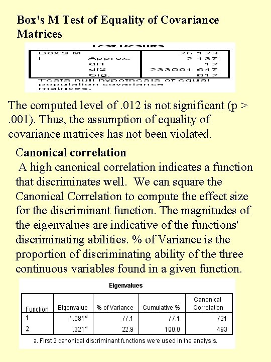Box's M Test of Equality of Covariance Matrices The computed level of. 012 is
