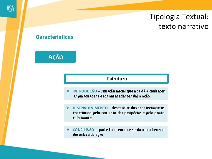 Tipologia Textual: texto narrativo Características AÇÃO Estrutura Ø INTRODUÇÃO – situação inicial que nos