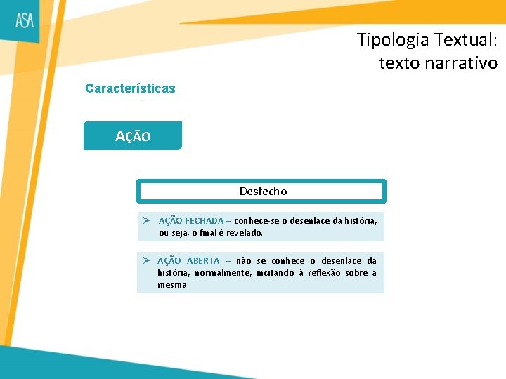 Tipologia Textual: texto narrativo Características AÇÃO Desfecho Ø AÇÃO FECHADA – conhece-se o desenlace