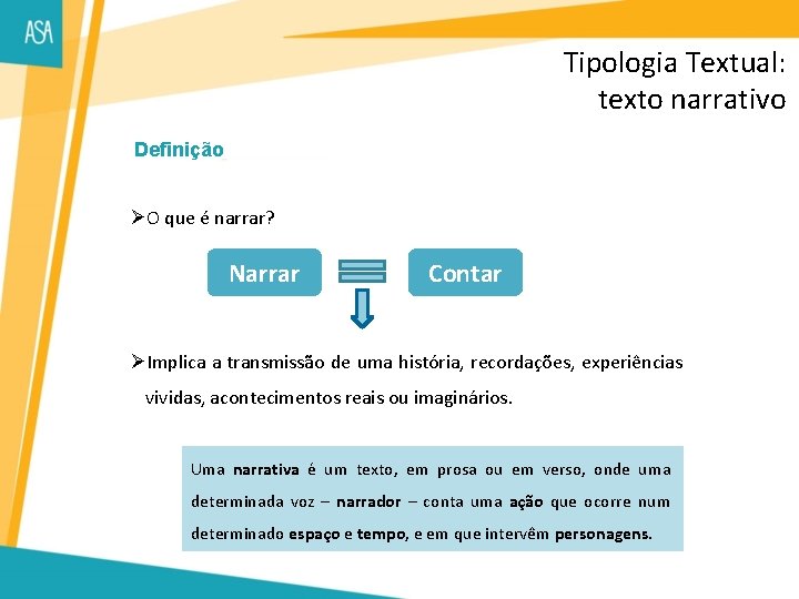 Tipologia Textual: texto narrativo Definição ØO que é narrar? Narrar Contar ØImplica a transmissão