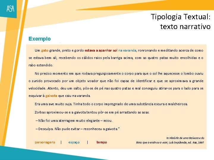 Tipologia Textual: texto narrativo Exemplo Um gato grande, preto e gordo estava a apanhar