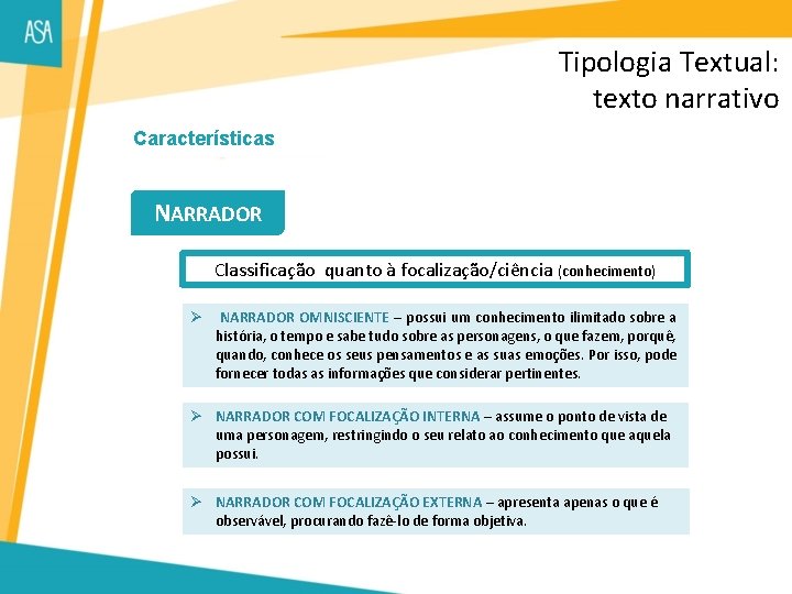 Tipologia Textual: texto narrativo Características NARRADOR Classificação quanto à focalização/ciência (conhecimento) Ø NARRADOR OMNISCIENTE