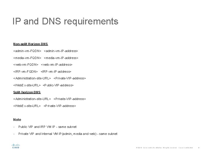 IP and DNS requirements Non-split Horizon DNS <admin-vm-FQDN> <admin-vm-IP-address> <media-vm-FQDN> <media-vm-IP-address> <web-vm-FQDN> <web-vm-IP-address> <IRP-vm-FQDN>