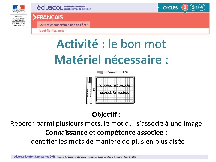 Activité : le bon mot Matériel nécessaire : Objectif : Repérer parmi plusieurs mots,