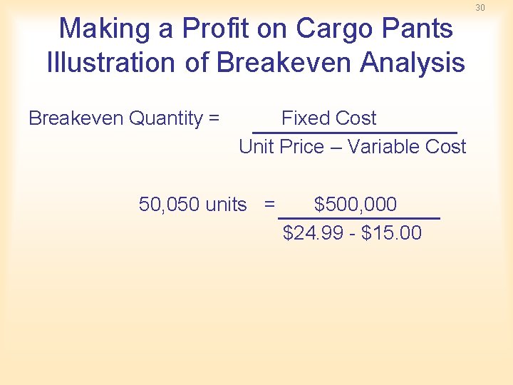 Making a Profit on Cargo Pants Illustration of Breakeven Analysis Breakeven Quantity = Fixed Making a Profit on Cargo Pants Illustration of Breakeven Analysis Breakeven Quantity = Fixed