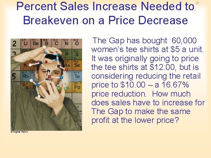 Percent Sales Increase Needed to Breakeven on a Price Decrease 31 The Gap has Percent Sales Increase Needed to Breakeven on a Price Decrease 31 The Gap has