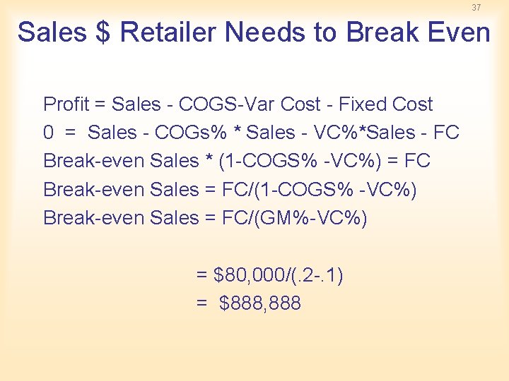 37 Sales $ Retailer Needs to Break Even Profit = Sales - COGS-Var Cost 37 Sales $ Retailer Needs to Break Even Profit = Sales - COGS-Var Cost