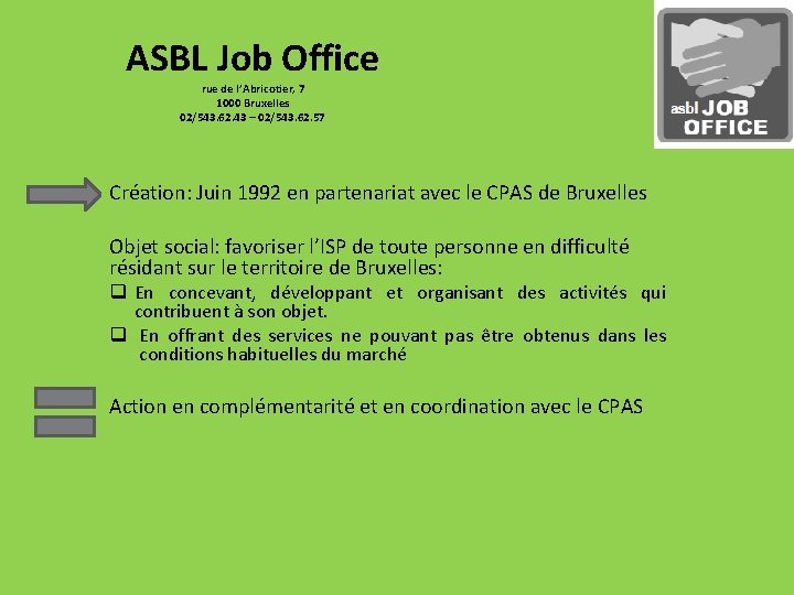 ASBL Job Office rue de l’Abricotier, 7 1000 Bruxelles 02/543. 62. 43 – 02/543.