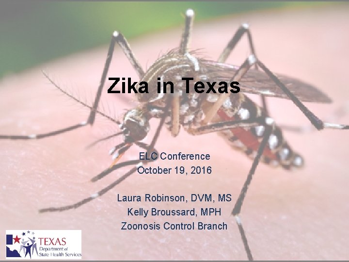 Zika in Texas ELC Conference October 19, 2016 Laura Robinson, DVM, MS Kelly Broussard,