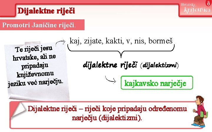 Dijalektne riječi Promotri Janičine riječi. Te riječi jesu hrvatske, ali ne pripadaju književnomu jeziku