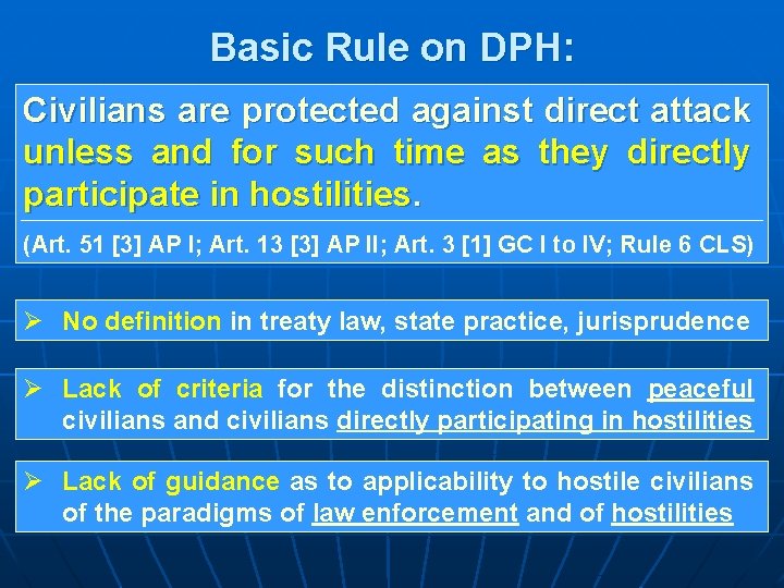 Basic Rule on DPH: Civilians are protected against direct attack unless and for such