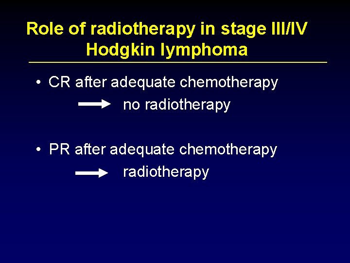 Role of radiotherapy in stage III/IV Hodgkin lymphoma • CR after adequate chemotherapy no