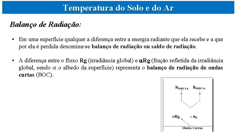 Temperatura do Solo e do Ar Balanço de Radiação: • Em uma superfície qualquer