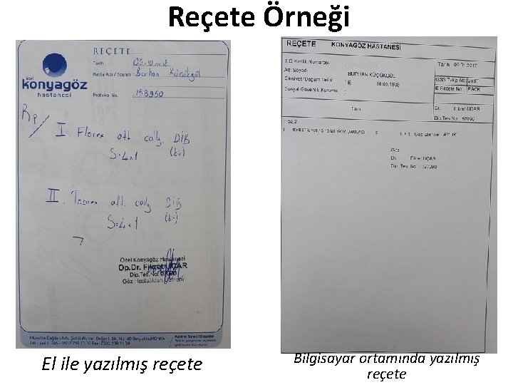 Reçete Örneği El ile yazılmış reçete Bilgisayar ortamında yazılmış reçete 