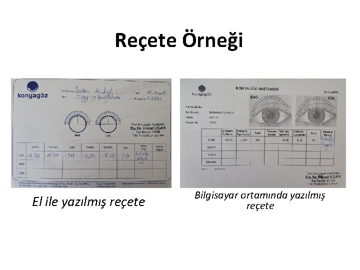 Reçete Örneği El ile yazılmış reçete Bilgisayar ortamında yazılmış reçete 