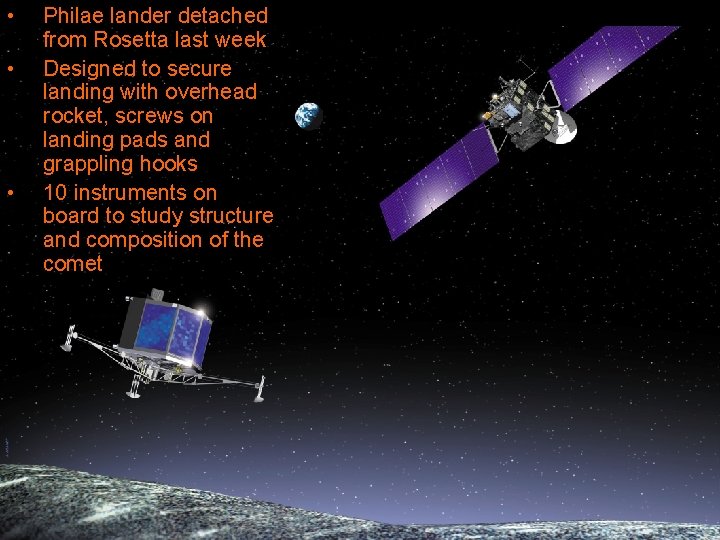  • • • Philae lander detached from Rosetta last week Designed to secure