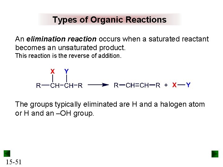 Types of Organic Reactions An elimination reaction occurs when a saturated reactant becomes an Types of Organic Reactions An elimination reaction occurs when a saturated reactant becomes an