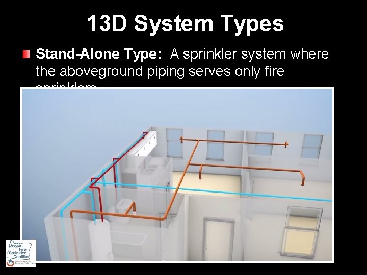 13 D System Types Stand-Alone Type: A sprinkler system where the aboveground piping serves
