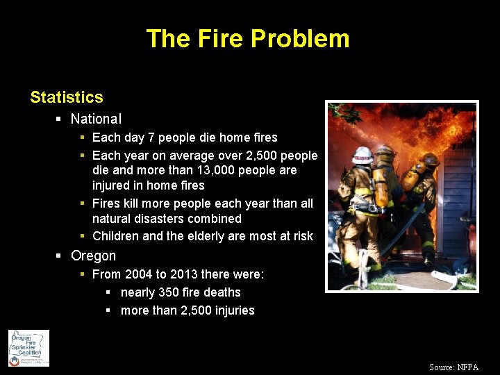 The Fire Problem Statistics § National § Each day 7 people die home fires