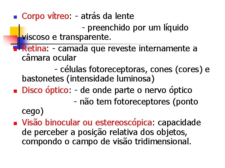 n n Corpo vítreo: - atrás da lente - preenchido por um líquido viscoso