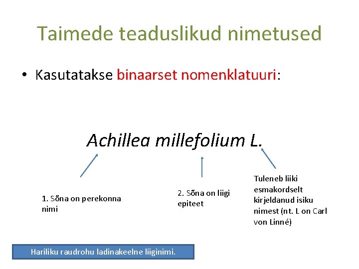 Taimede teaduslikud nimetused • Kasutatakse binaarset nomenklatuuri: Achillea millefolium L. 1. Sõna on perekonna