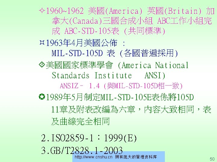  1960~1962 美國(America) 英國(Britain) 加 拿大(Canada)三國合成小組 ABC 作小組完 成 ABC-STD-105表 (共同標準) 1963年 4月美國公佈 :