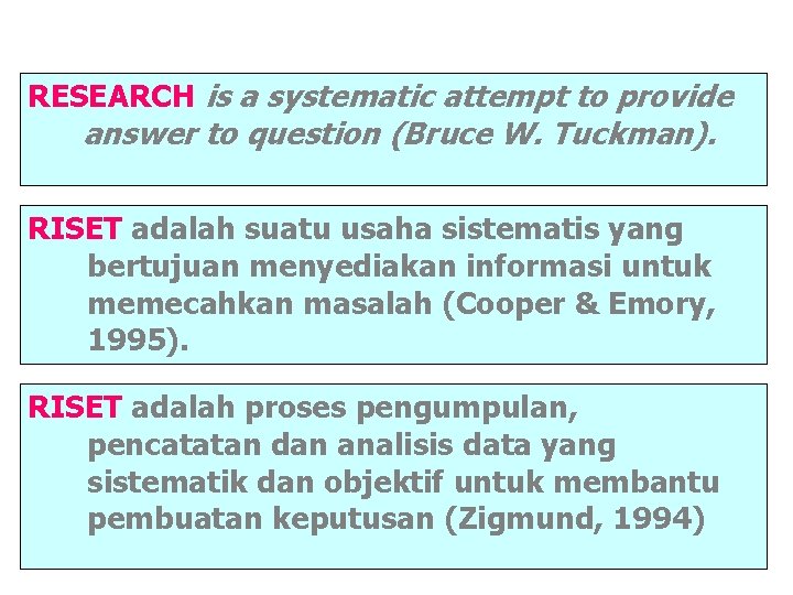 RESEARCH is a systematic attempt to provide answer to question (Bruce W. Tuckman). RISET