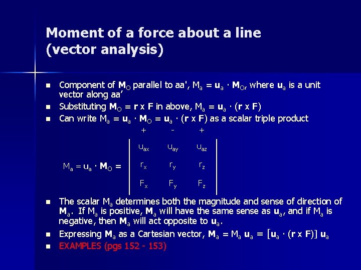 Moment of a force about a line (vector analysis) n n n Component of