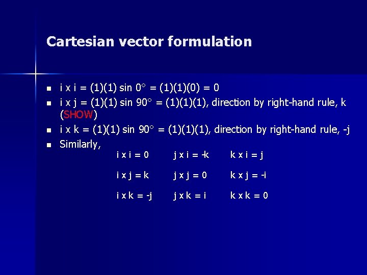 Cartesian vector formulation n n i x i = (1)(1) sin 0° = (1)(1)(0)