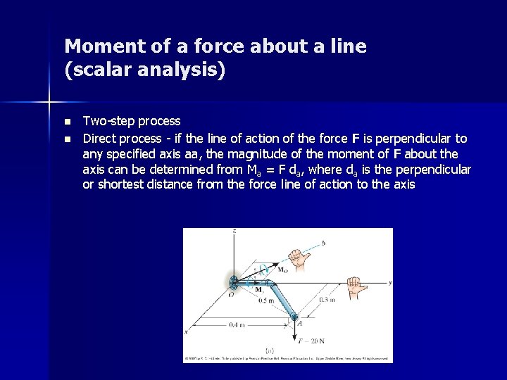 Moment of a force about a line (scalar analysis) n n Two-step process Direct