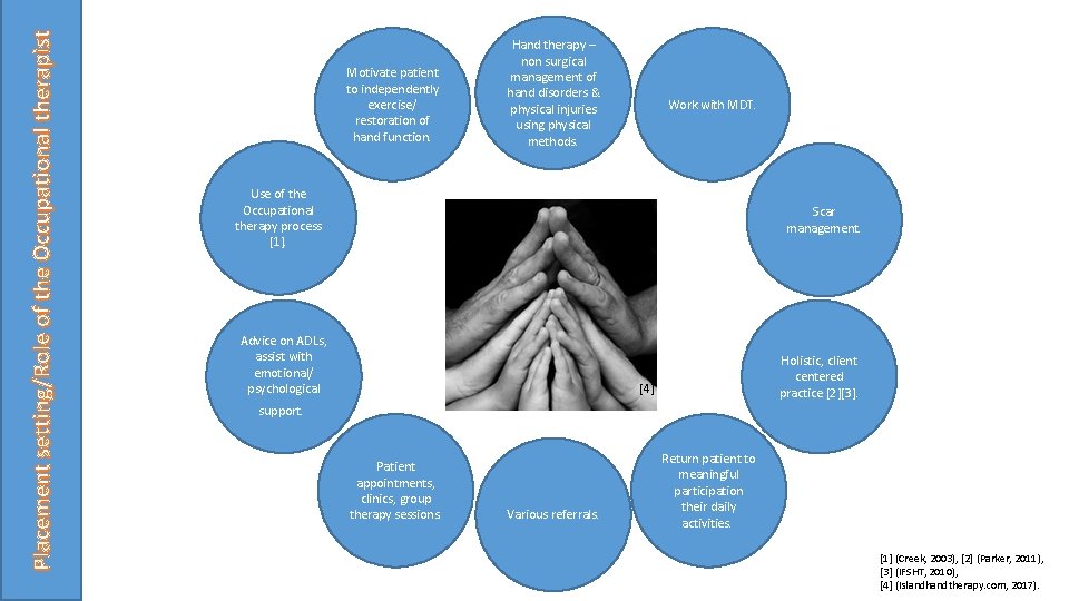 Placement setting/Role of the Occupational therapist Motivate patient to independently exercise/ restoration of hand