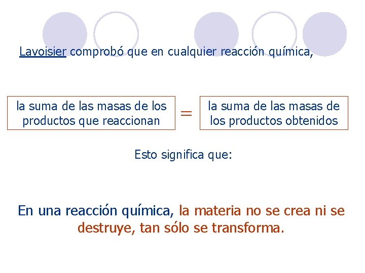 Lavoisier comprobó que en cualquier reacción química, la suma de las masas de los Lavoisier comprobó que en cualquier reacción química, la suma de las masas de los