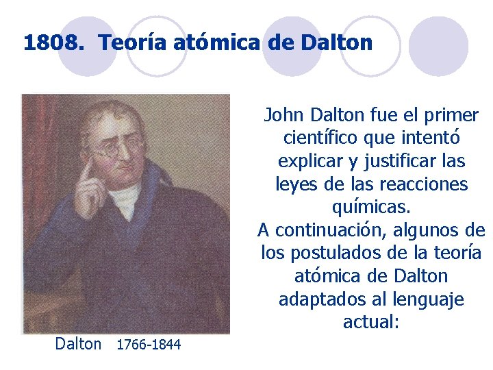 1808. Teoría atómica de Dalton John Dalton fue el primer científico que intentó explicar 1808. Teoría atómica de Dalton John Dalton fue el primer científico que intentó explicar