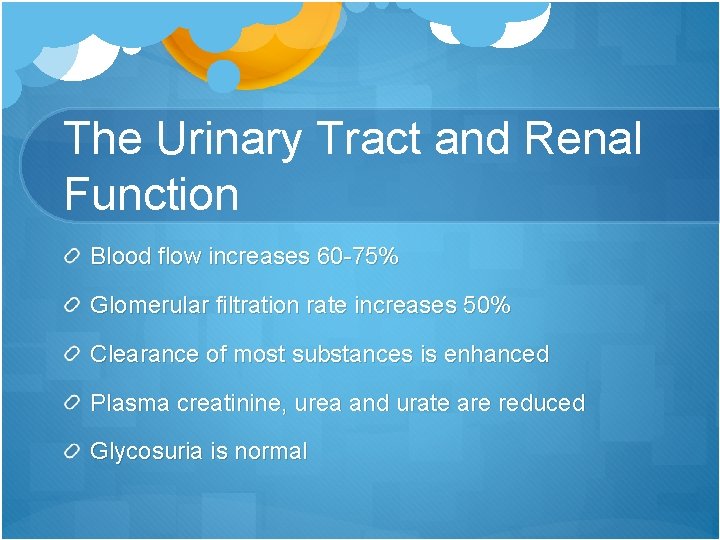 The Urinary Tract and Renal Function Blood flow increases 60 -75% Glomerular filtration rate