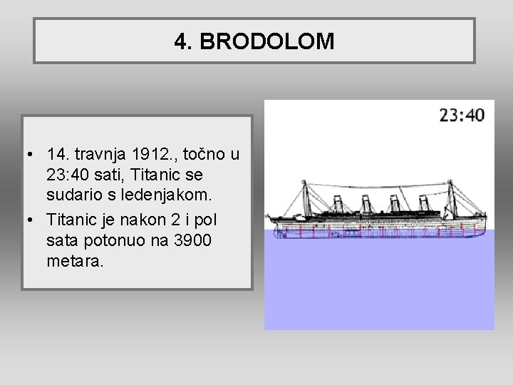4. BRODOLOM • 14. travnja 1912. , točno u 23: 40 sati, Titanic se