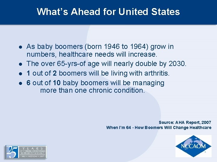What’s Ahead for United States l l As baby boomers (born 1946 to 1964) What’s Ahead for United States l l As baby boomers (born 1946 to 1964)