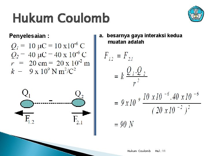 Hukum Coulomb Penyelesaian : a. besarnya gaya interaksi kedua muatan adalah Hukum Coulomb Hal.