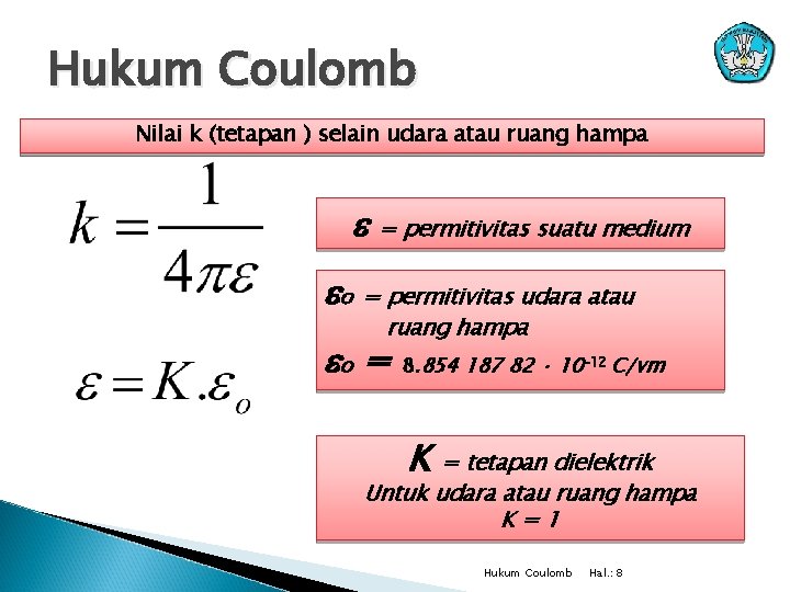 Hukum Coulomb Nilai k (tetapan ) selain udara atau ruang hampa = permitivitas suatu