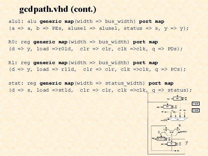 gcdpath. vhd (cont. ) alu 1: alu generic map(width => bus_width) port map (a