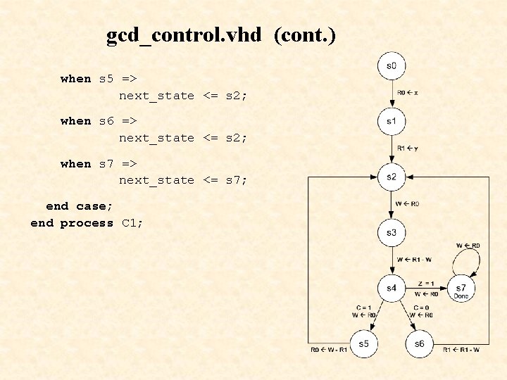 gcd_control. vhd (cont. ) when s 5 => next_state <= s 2; when s