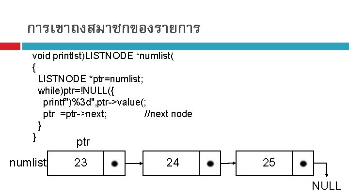 การเขาถงสมาชกของรายการ void printlst)LISTNODE *numlist( { LISTNODE *ptr=numlist; while)ptr=!NULL({ printf")%3 d", ptr->value(; ptr =ptr->next; //next