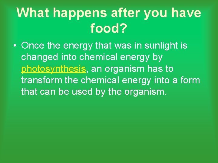 What happens after you have food? • Once the energy that was in sunlight