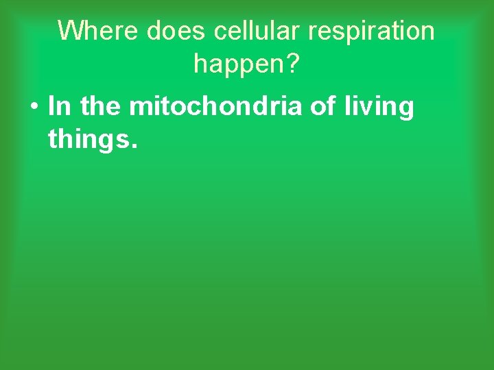 Where does cellular respiration happen? • In the mitochondria of living things. 