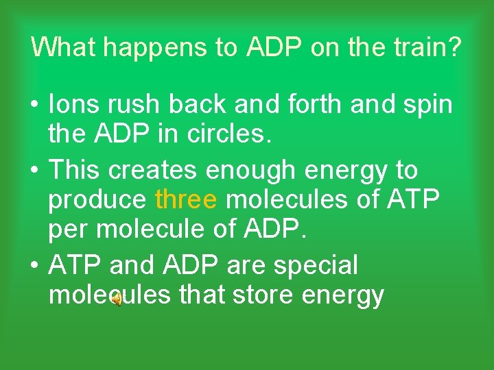 What happens to ADP on the train? • Ions rush back and forth and