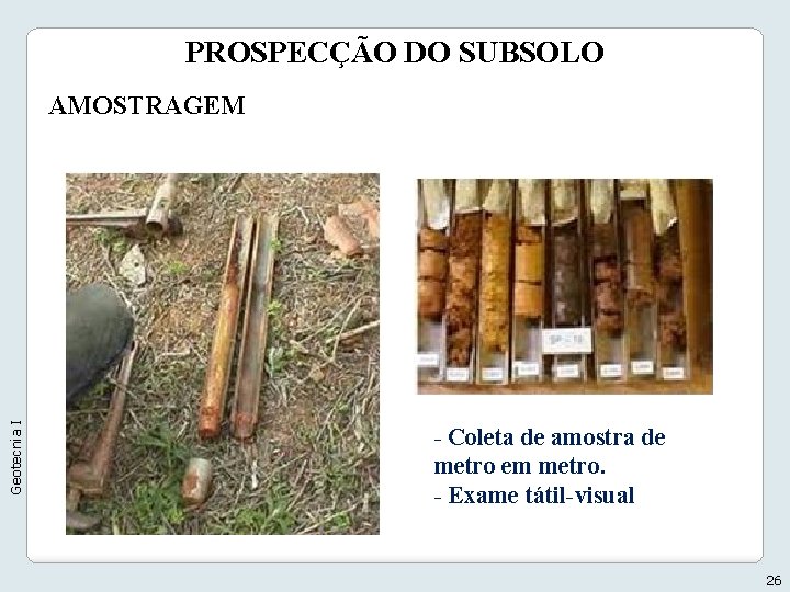 PROSPECÇÃO DO SUBSOLO Geotecnia I AMOSTRAGEM - Coleta de amostra de metro em metro.