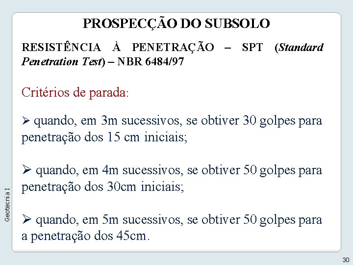 PROSPECÇÃO DO SUBSOLO RESISTÊNCIA À PENETRAÇÃO – SPT (Standard Penetration Test) – NBR 6484/97